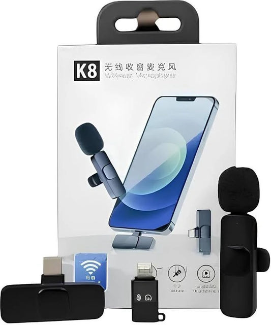 K8 Wireless Microphone Mini Clip-On Lavalier Microphone for Smartphone & Recording